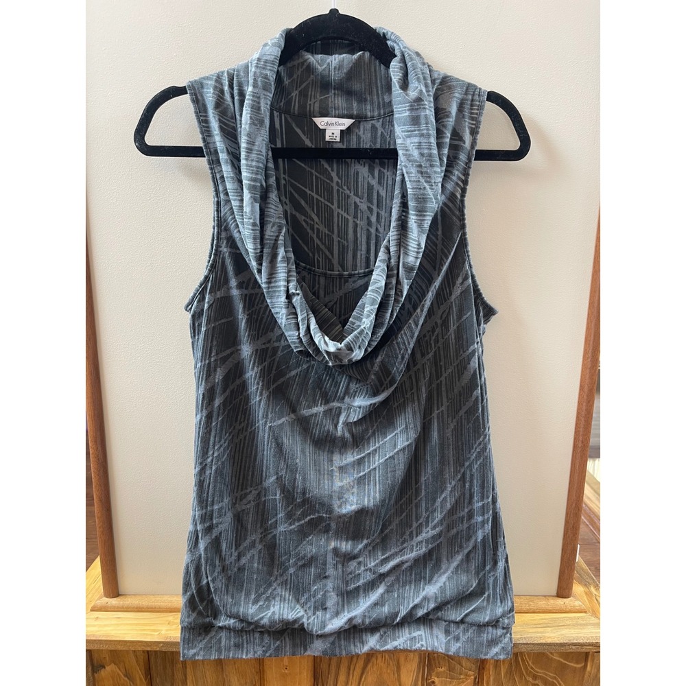 Calvin Klein Womens Grey Abstract Cowl Neck Sleeveless Banded Hem Top Size M